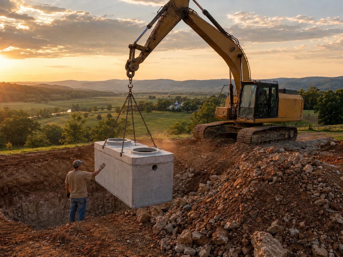 Representative scene of an excavator lowering a precast concrete septic tank at a rural installation site