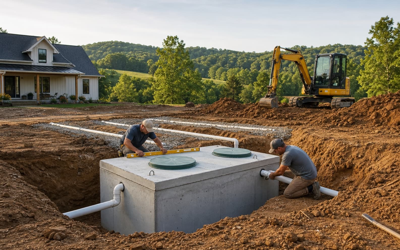 Representative scene of installers leveling and connecting a new septic tank