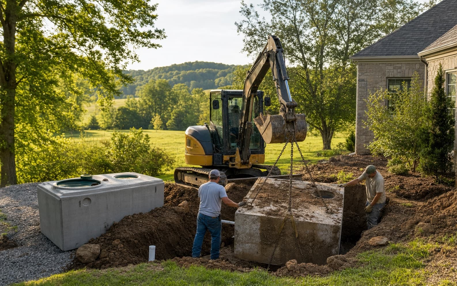 Representative scene of a crew replacing an existing concrete septic tank